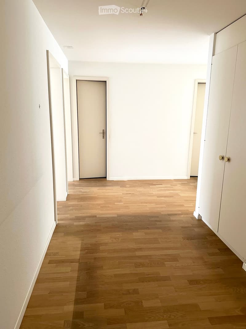 Empty hallway with light wooden flooring and white walls, featuring a closed door and built-in closet on the right side.