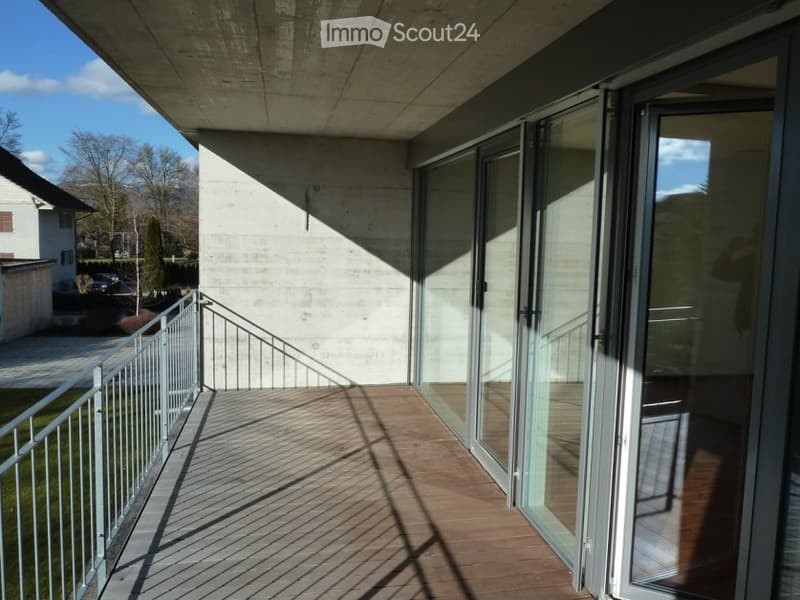 Wooden deck, metal railing, sliding glass doors, glass wall