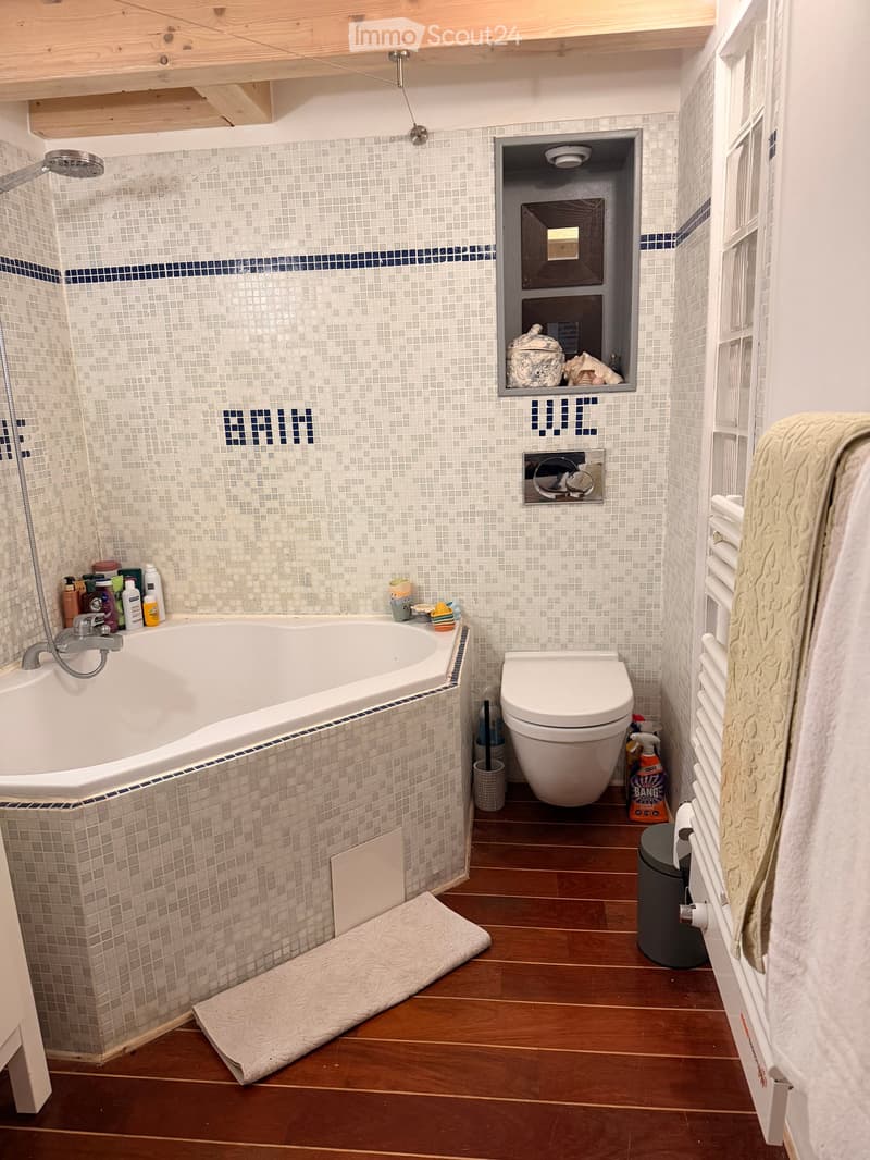Modern bathroom with a bathtub, toilet, shower, and a built-in storage cabinet. The walls are tiled with small square tiles and a blue accent border. A towel hangs on a radiator, and a small rug is placed in front of the bathtub.