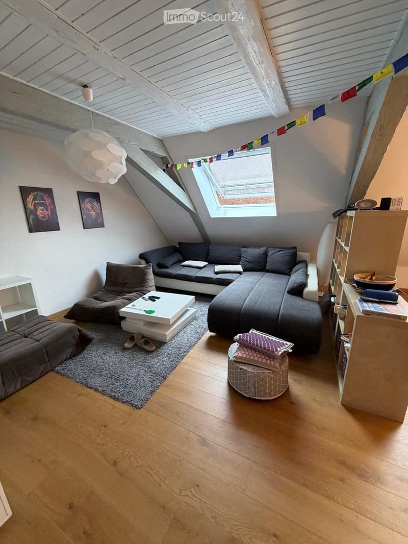 Cozy living room with slanted wooden ceiling, skylight window, grey sofa, white coffee table, wooden floor, and decorative pillows.