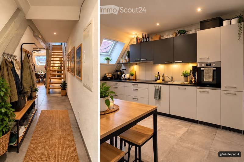 Modern kitchen with white and black cabinets, stainless steel appliances, a wooden dining table with stools, and various kitchen items including a blender, toaster, and plants.