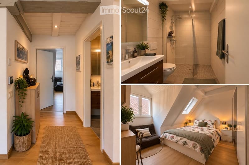 The image shows a modern, compact home layout with three main areas: a hallway, a bathroom, and a bedroom. The hallway features wooden flooring, white walls, and a small plant. The bathroom includes a sink, toilet, shower, and a small plant on the windows