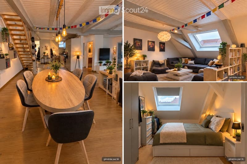 Modern, open-concept living and dining area with exposed wooden beams, skylights, and a cozy bedroom area. Features include a sofa, coffee table, ottoman, dining table with chairs, bookshelf, bed, nightstand, and decorative plants.