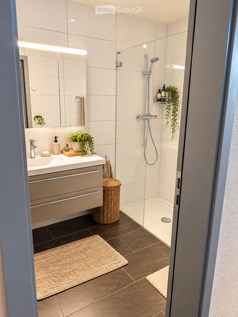 Modern bathroom with white tiles, a large mirror, a sink with a faucet, a shower with a glass enclosure, and decorative plants on shelves and a wicker basket on the floor.