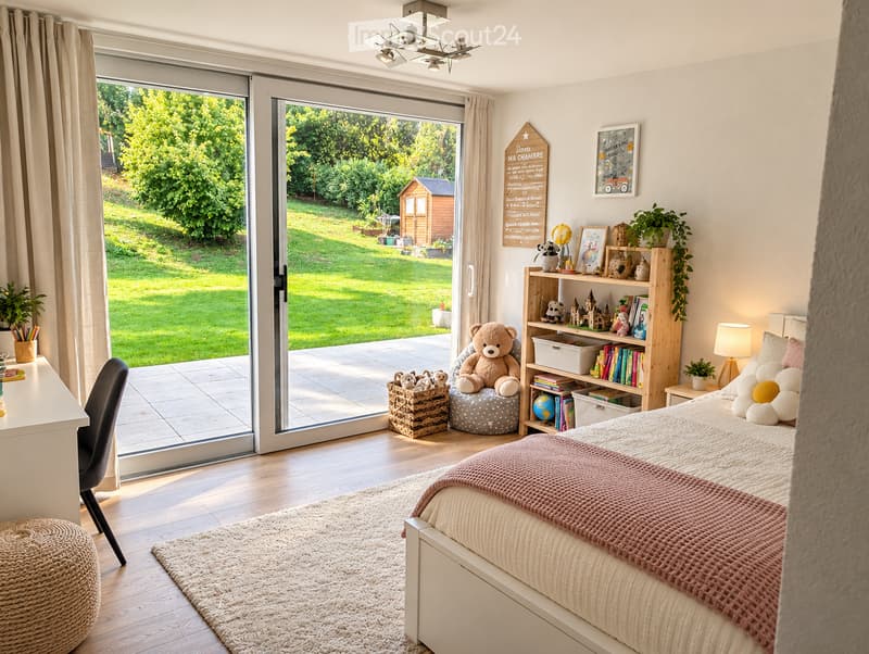 Bright, modern bedroom with large sliding glass doors opening to a garden, featuring a bed with a pink throw, a nightstand with a lamp, a bookshelf, a globe, and decorative items.