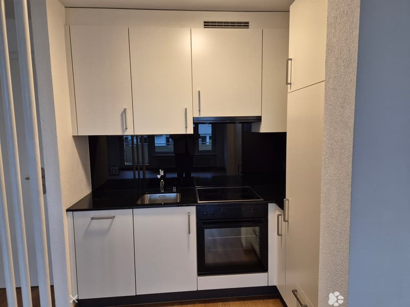 white cabinets, black countertops, silver sink, black stove, oven, and extractor hood, window