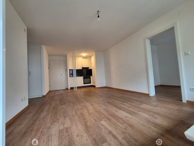 empty room, wooden floors, white walls, open kitchen, white cabinets, black appliances, two doors leading to other rooms