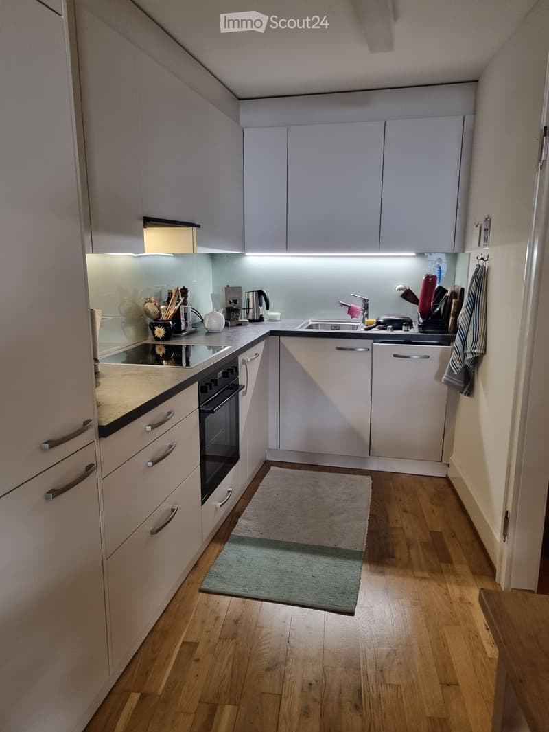 Modern kitchen with light grey cabinets, wooden flooring, and stainless steel appliances including an oven, sink, and dishwasher. Countertop features a coffee maker, teapot, and other small appliances.