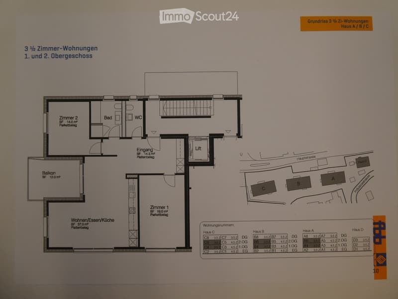 Floor plan of 3.5-room apartments on the 1st and 2nd upper floors, showing rooms, bathroom, balcony, and entrance.