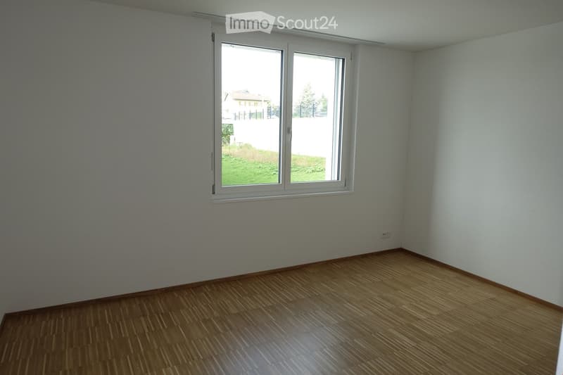 empty room, white walls, wooden floor, large window, power outlet