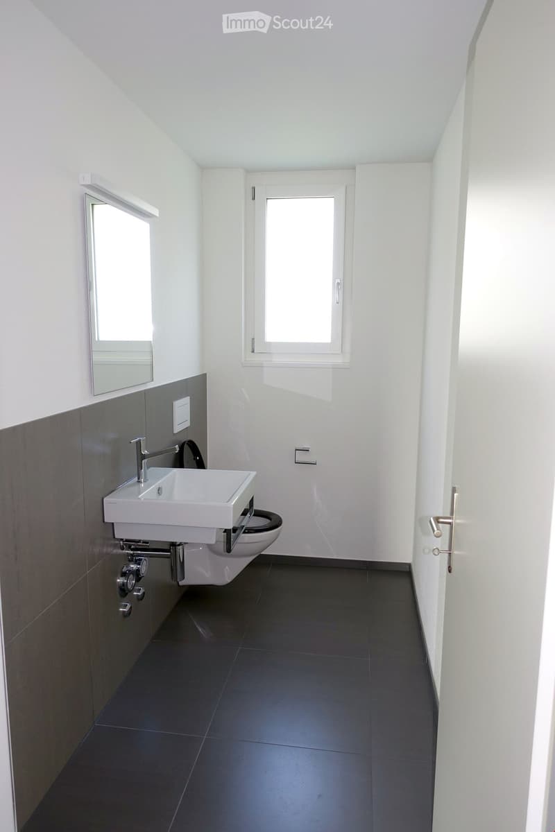 modern bathroom with white sink, mirror, toilet, and gray tiles