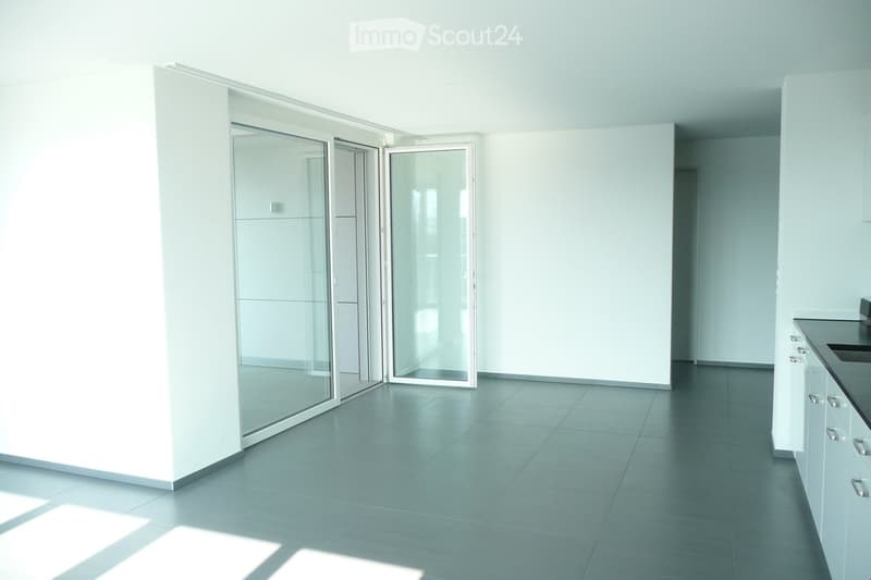 Empty room with white walls, gray floor, sliding glass doors leading to a balcony, and a kitchen area with white cabinets and a black countertop.