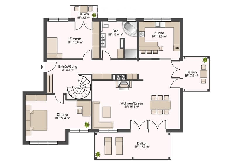 Floor plan of a 2-bedroom apartment with a living/dining area, kitchen, bathroom, hallway, and three balconies.