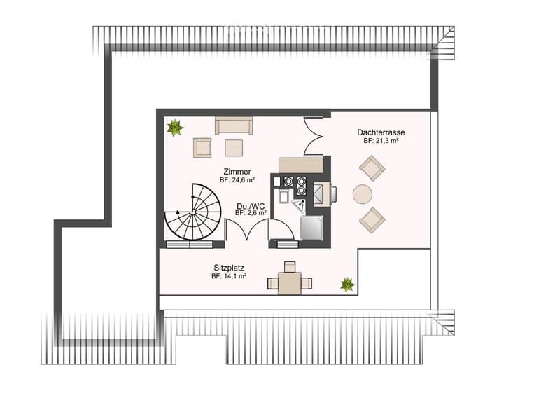 Floor plan of a compact apartment featuring a living area, bedroom, bathroom, and a small balcony or terrace area.