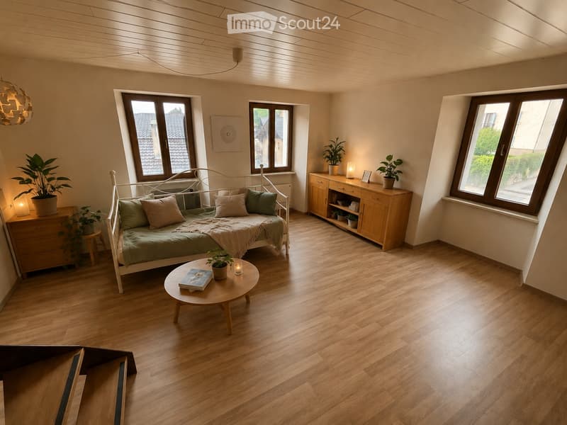 Bright, cozy living room with wooden flooring, large windows, a sofa bed, coffee table, potted plants, and a cabinet with storage.