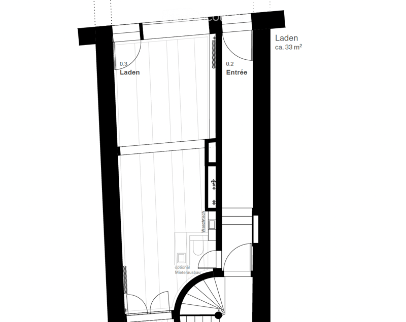 Floor plan showing a small commercial space with an entrance, a washroom, and optional tenant storage area.