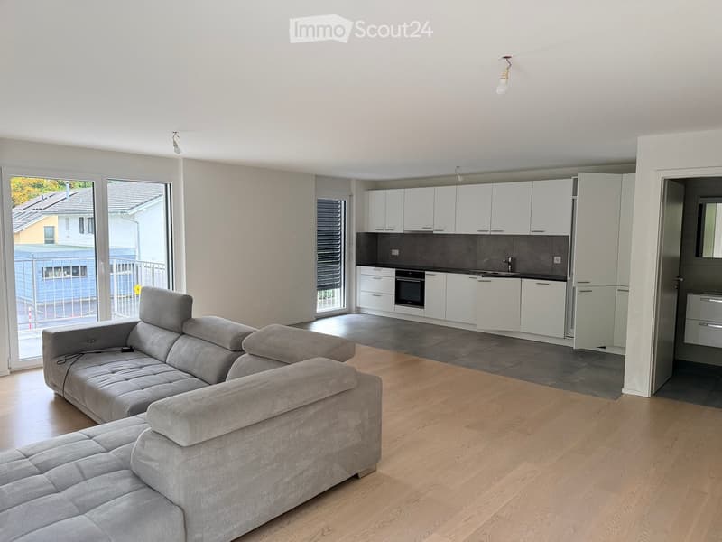 Modern living room with a grey sectional sofa, light wooden flooring, and an open-plan kitchen area with white cabinets and stainless steel appliances.