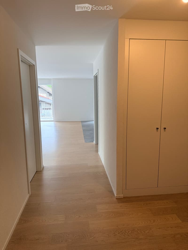 Empty hallway with wooden flooring, white walls, and a built-in closet on the right side. The hallway leads to an open area with natural light.