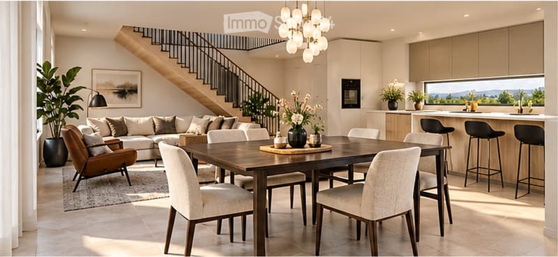 Open-plan living and dining area with a modern aesthetic, featuring a large sectional sofa, a wooden dining table with chairs, bar stools at a kitchen island, and decorative vases and potted plants.