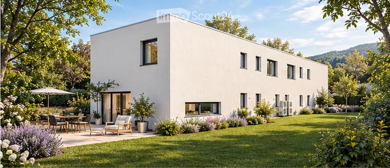 Modern white house with large windows, surrounded by a well-maintained garden with outdoor seating and plants.