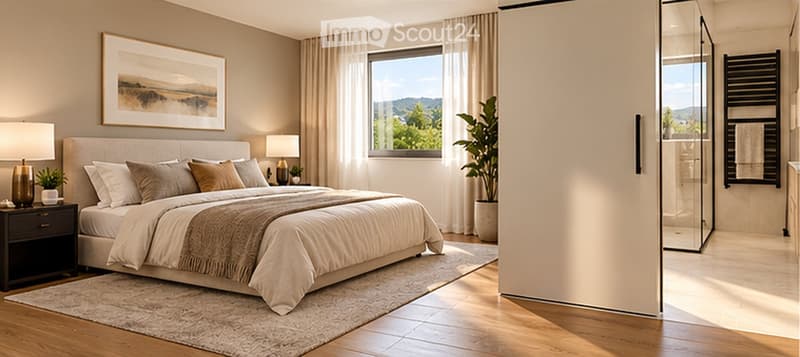 Modern bedroom with a large bed, nightstand, lamps, picture frame, and plants. The room features large windows with a scenic view and a glass-enclosed shower area visible in the background.