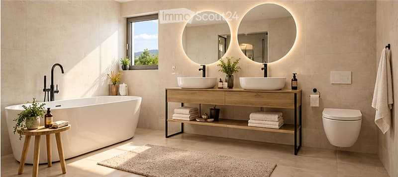 Modern bathroom with a freestanding bathtub, double sink vanity, round illuminated mirrors, and a toilet. Includes decorative plants and towels.