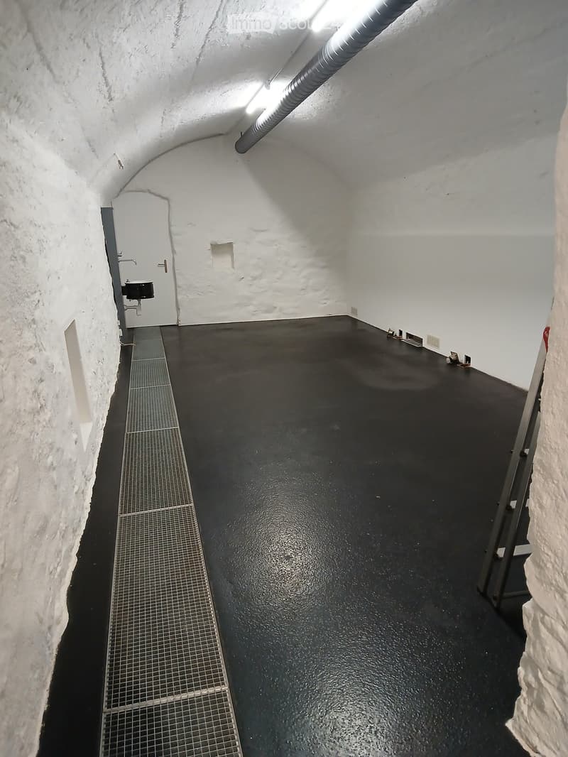 Empty room with white stone walls and a black floor, featuring a metal grate along one wall and a small white door with a visible handle and fixture.