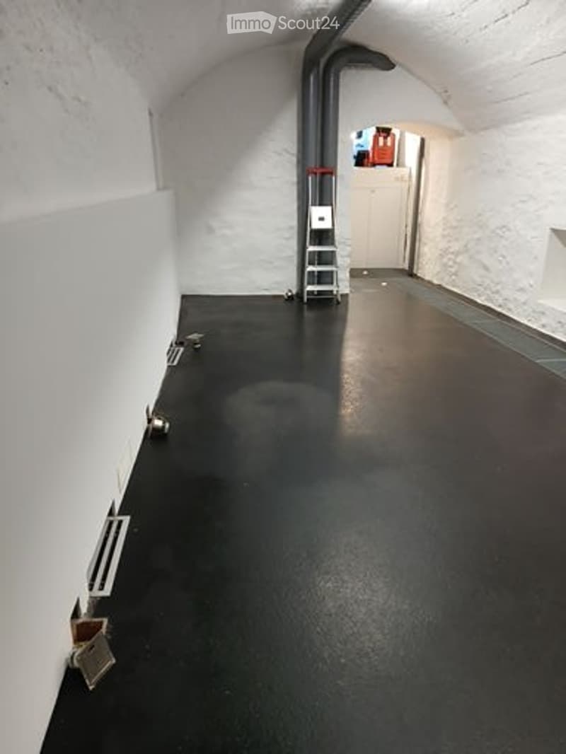 Empty room with a black epoxy floor, white walls, and a small ladder in the corner. No furniture or equipment is present.