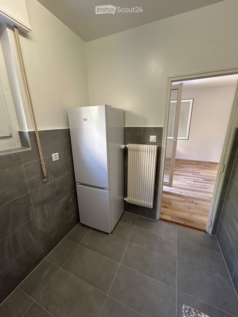 A small, modern kitchen with a refrigerator, radiator, and tiled floor. The room has a door leading to another space with wooden flooring.