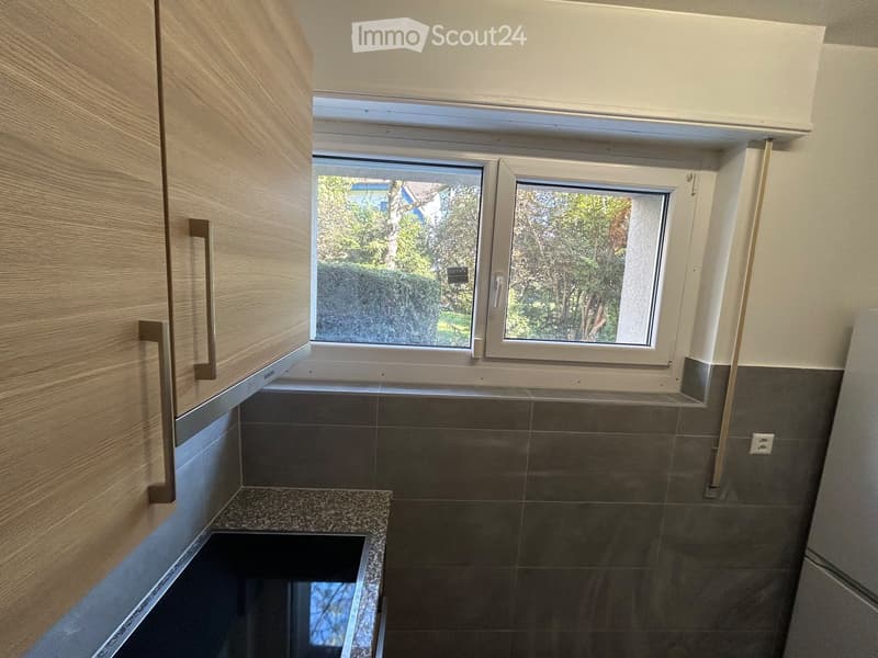 Modern kitchen with granite countertop, dark tiled walls, and a built-in stove. Features large windows with a view of greenery outside.