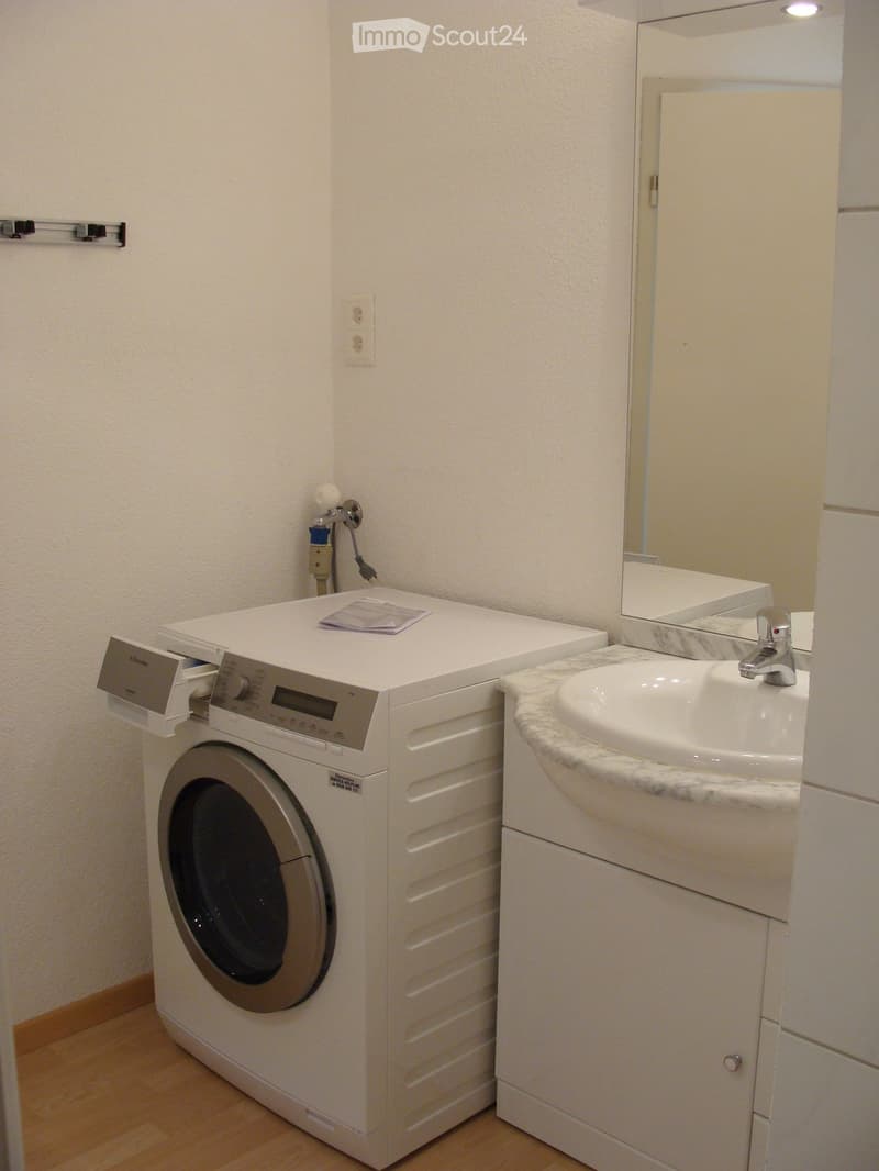 A laundry room features a washing machine, sink, mirror, power outlet, and a cabinet. The washing machine is in the corner, next to a wall-mounted power outlet. The sink has a marble countertop and a faucet. A mirror is mounted on the wall above the sink,