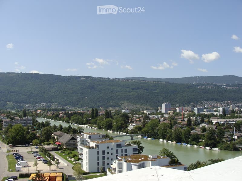 City overlooking a river with buildings, mountains, and a bridge in the distance