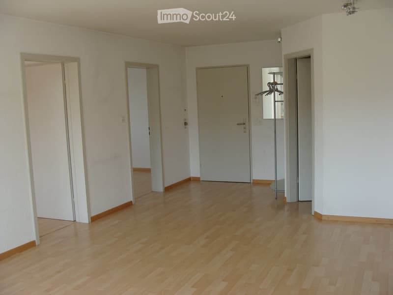 Open plan layout, wooden floors, three doors, hallway, potential storage room