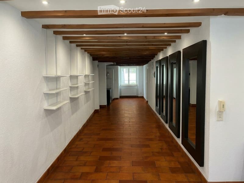 A long, narrow hallway with wooden beams on the ceiling, wooden flooring, white walls, and built-in white shelves on one side. The hallway features large mirrors on the right wall and a window at the far end, allowing natural light to enter.