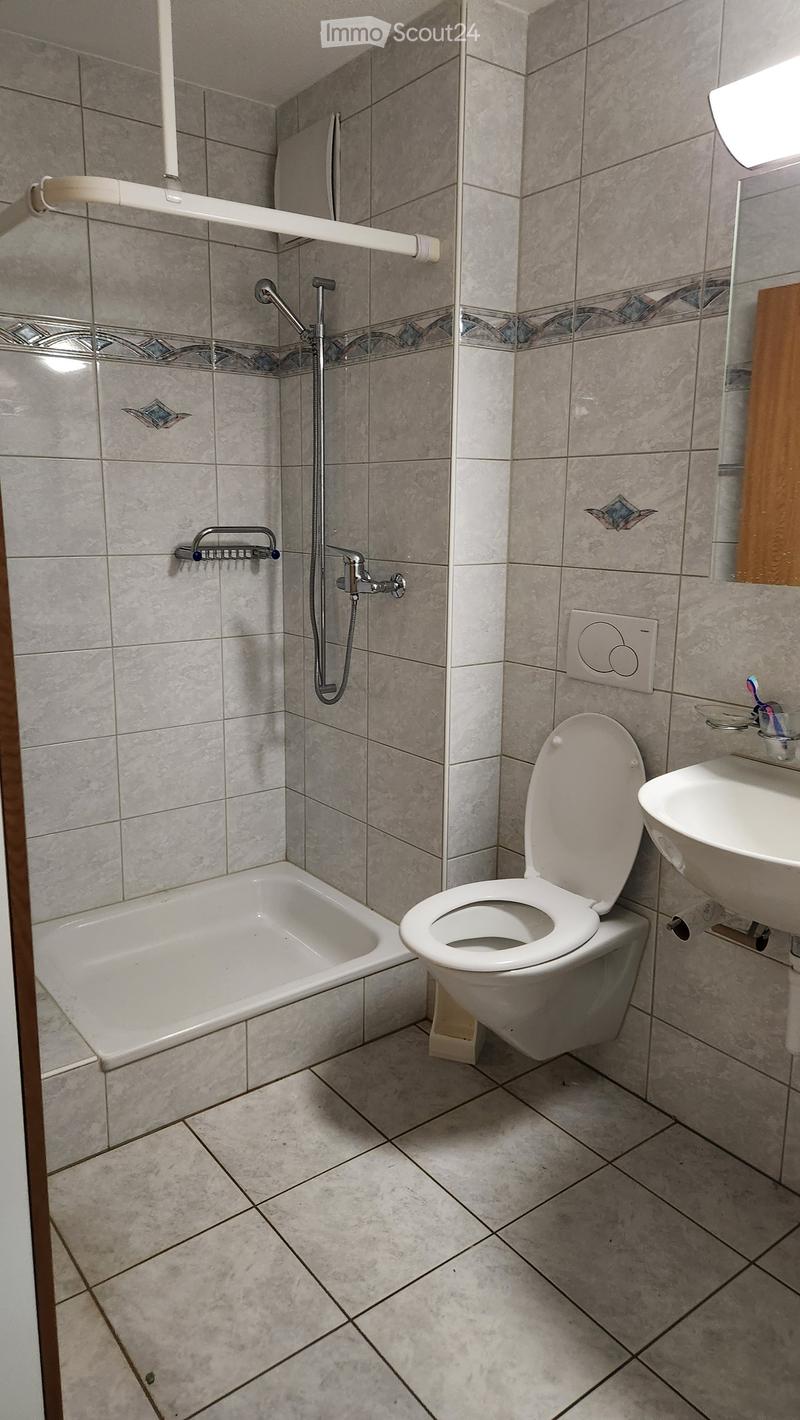 Modern bathroom with a bathtub, toilet, sink, and shower area. Features tiled walls and floor, a handheld showerhead, and a handrail for safety.