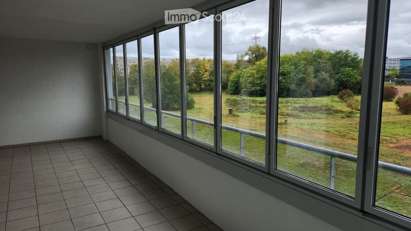 Empty room with large windows, tiled floor, and white brick wall, overlooking a grassy field with trees.