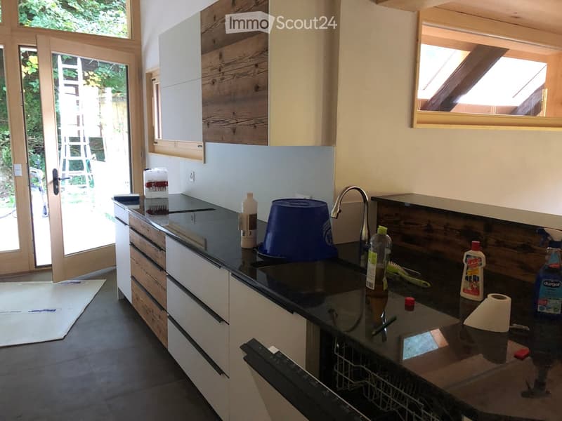Modern kitchen with wooden cabinets, black countertop, and stainless steel sink. Various cleaning supplies and items are placed on the counter.