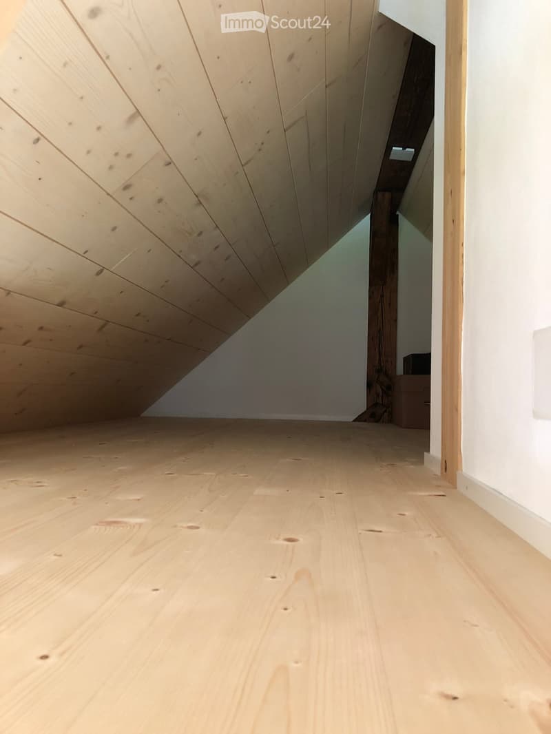 Empty hallway with light wooden flooring and white walls, featuring a slanted wooden ceiling and a visible doorway leading to another room.
