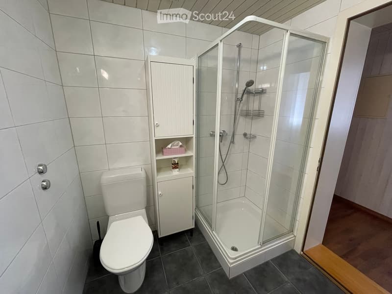 Modern bathroom with white tiles, a toilet, a glass-enclosed shower, and a white cabinet with shelves.