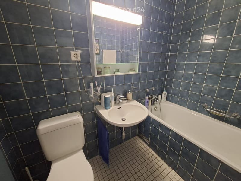 Bathroom with dark blue tiled walls, a white toilet, a sink with a mirror above it, and a bathtub with a grab bar. Toothbrushes, toothpaste, and other toiletries are visible on the sink counter.