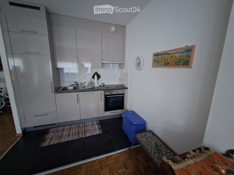 Modern kitchen with grey cabinets, stainless steel sink, oven, and a small table with a stool. A blue storage bin and a striped rug are also visible.