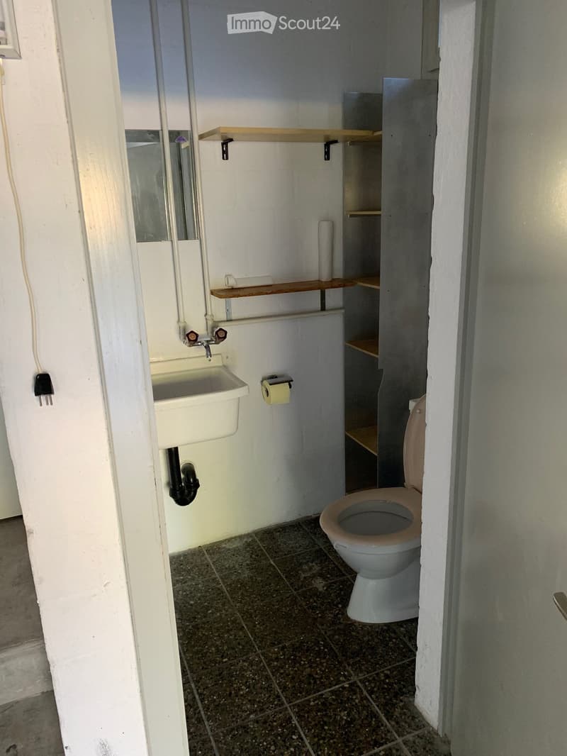 Small bathroom with a toilet, sink, mirror, and wooden shelves. The floor is tiled, and the walls are painted white.