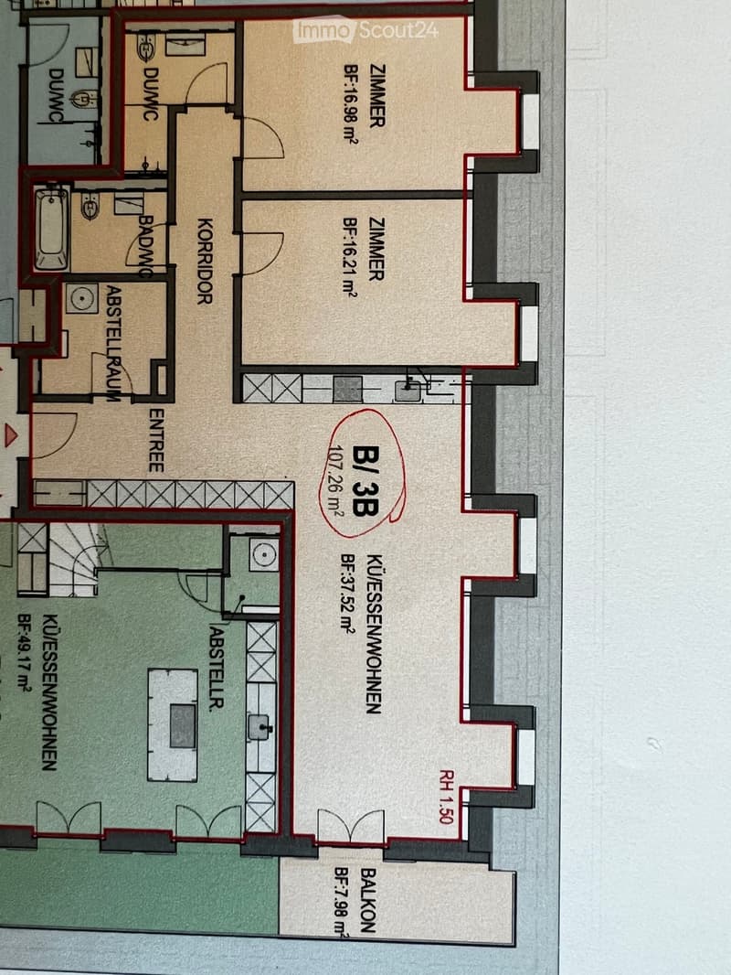 Floor plan showing a layout with multiple rooms including a kitchen, living room, bedrooms, bathrooms, and a balcony.