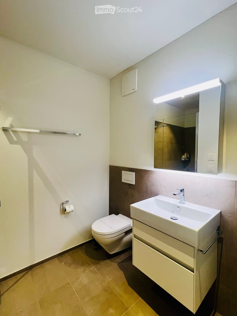 Modern bathroom with a white sink, chrome faucet, large mirror with built-in lighting, toilet, and a light-colored cabinet.