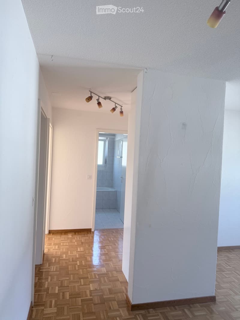 Empty hallway with wooden herringbone flooring, white walls, track lighting, and a visible bathroom entrance.