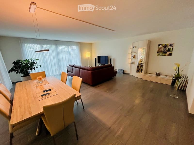 Modern living and dining area with a red leather sofa, wooden dining table with chairs, television, floor lamp, and decorative shelves.