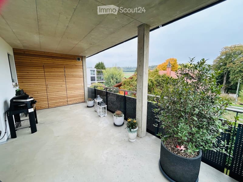 Balcony with a modern design, featuring a grill, lanterns, and several potted plants, overlooking a scenic landscape with trees and houses.