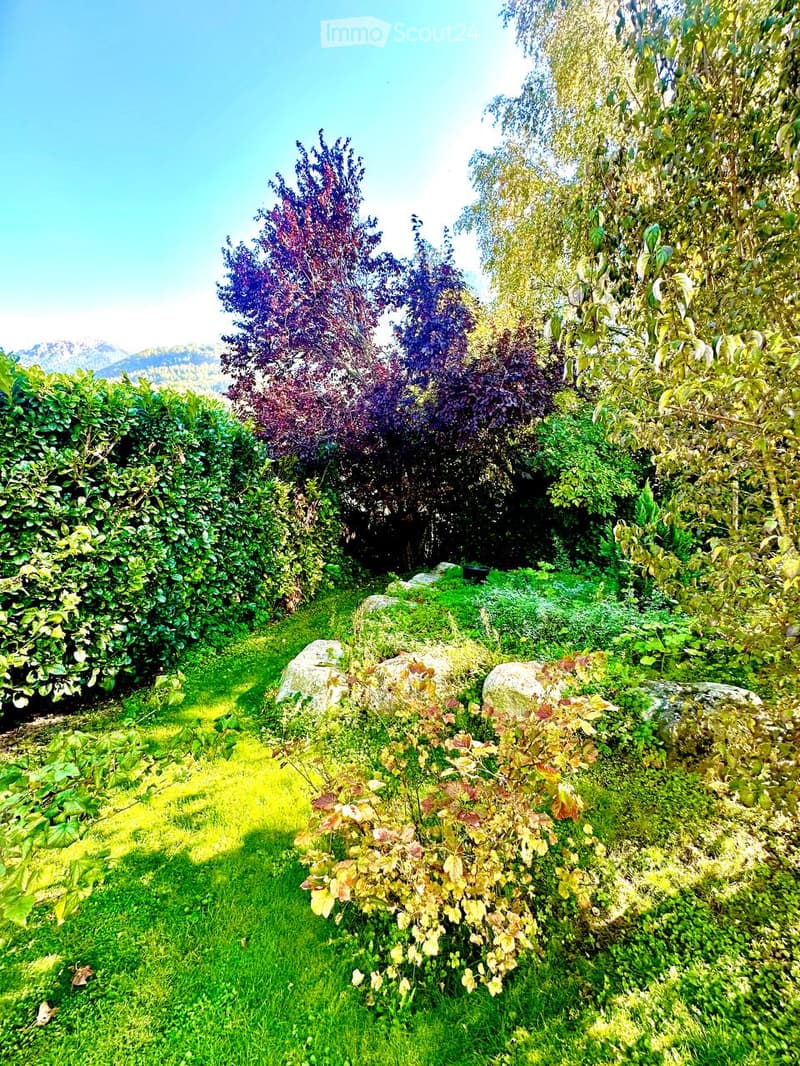 Well-maintained garden with green grass, shrubs, trees, and large rocks, featuring a clear blue sky and distant mountains.