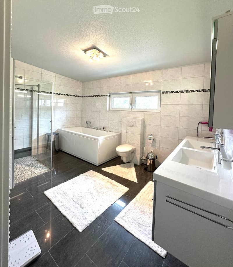 Modern bathroom with a bathtub, toilet, double sink, and a glass-enclosed shower. Features tiled walls, dark flooring, and multiple rugs.