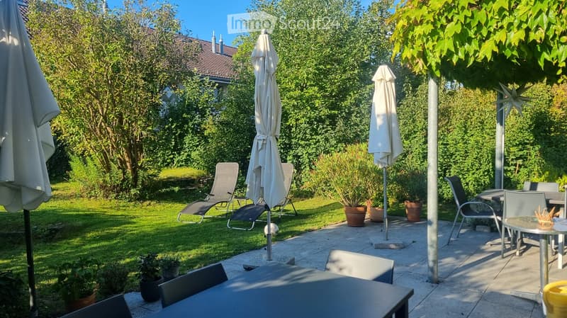Garden with lawn, patio, lounge chairs, dining table, and potted plants.
